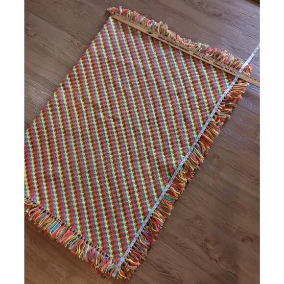 Vintage Handmade Crochet Afghan Blanket Blue Green Pink Yellow Neon 68”x 51" - Picture 7 of 13